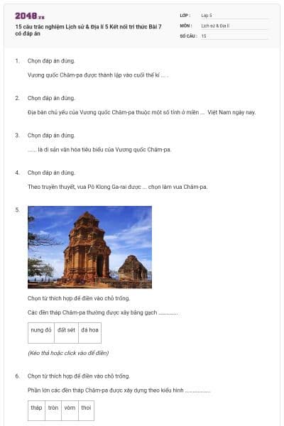 15 câu trắc nghiệm Lịch sử & Địa lí 5 Kết nối tri thức Bài 7 có đáp án