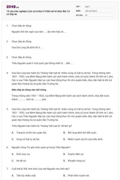 15 câu trắc nghiệm Lịch sử & Địa lí 5 Kết nối tri thức Bài 13 có đáp án