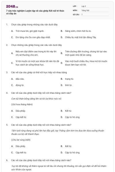 7 câu trắc nghiệm Luyện tập về câu ghép Kết nối tri thức có đáp án