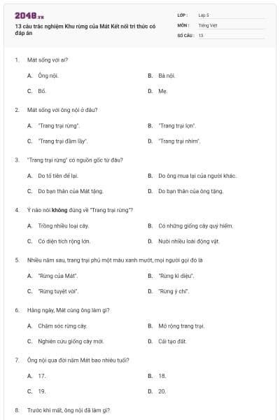 13 câu trắc nghiệm Khu rừng của Mát Kết nối tri thức có đáp án