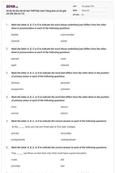 30 đề thi thử đề thi thử THPTQG môn Tiếng Anh có lời giải chi tiết (Đề số 12)
