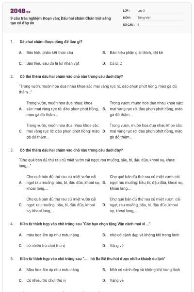 9 câu trắc nghiệm Đoạn văn; Dấu hai chấm Chân trời sáng tạo có đáp án