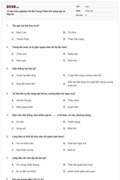 15 câu trắc nghiệm Hai Bà Trưng Chân trời sáng tạo có đáp án