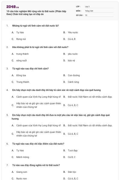10 câu trắc nghiệm Mở rộng vốn từ Đất nước (Phần tiếp theo) Chân trời sáng tạo có đáp án