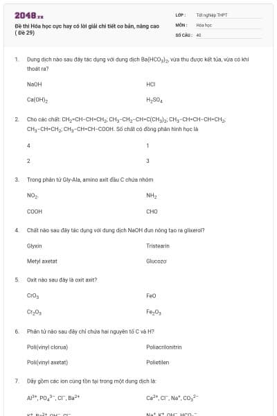 Đề thi Hóa học cực hay có lời giải chi tiết cơ bản, nâng cao ( Đề 29)