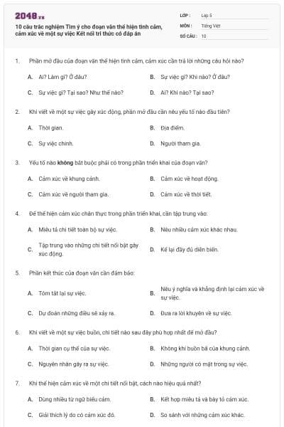 10 câu trắc nghiệm Tìm ý cho đoạn văn thể hiện tình cảm, cảm xúc về một sự việc Kết nối tri thức có đáp án