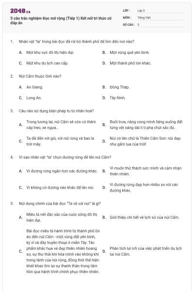 5 câu trắc nghiệm Đọc mở rộng (Tiếp 1) Kết nối tri thức có đáp án