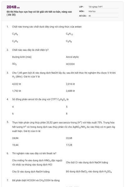 Đề thi Hóa học cực hay có lời giải chi tiết cơ bản, nâng cao ( Đề 30)