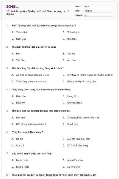 16 câu trắc nghiệm Cậu học sinh mới Chân trời sáng tạo có đáp án