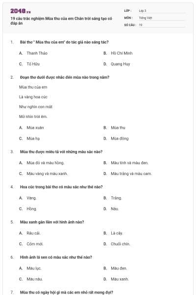 19 câu trắc nghiệm Mùa thu của em Chân trời sáng tạo có đáp án