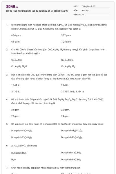 Đề thi Học Kì 2 môn hóa lớp 12 cực hay có lời giải (Đề số 9)