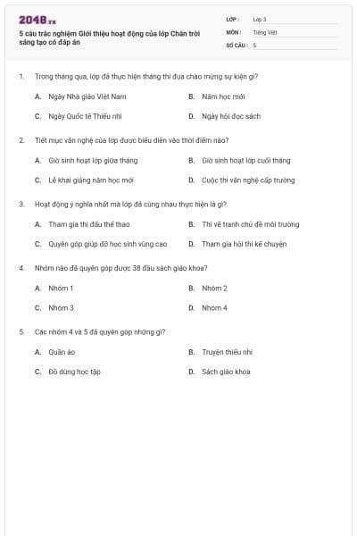 5 câu trắc nghiệm Giới thiệu hoạt động của lớp Chân trời sáng tạo có đáp án