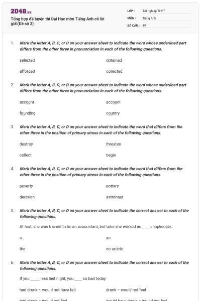 Tổng hợp đề luyện thi Đại Học môn Tiếng Anh có lời giải(Đề số 3)
