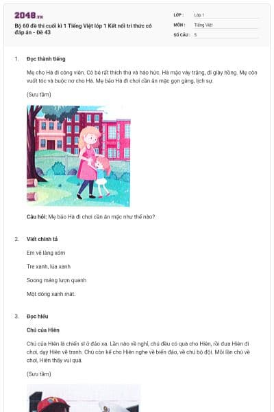 Bộ 60 đề thi cuối kì 1 Tiếng Việt lớp 1 Kết nối tri thức có đáp án - Đề 43