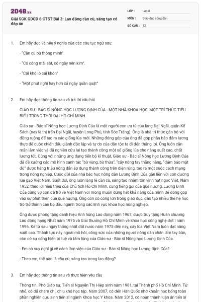 Giải SGK GDCD 8 CTST Bài 3: Lao động cần cù, sáng tạo có đáp án