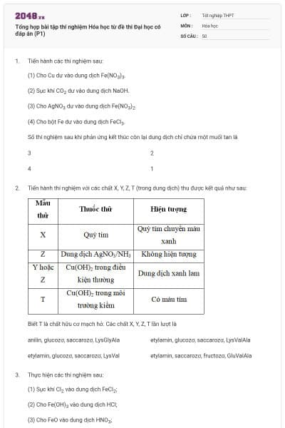 Tổng hợp bài tập thí nghiệm Hóa học từ đề thi Đại học có đáp án (P1)