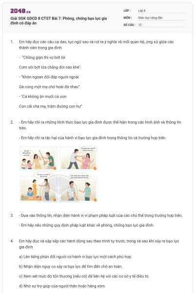 Giải SGK GDCD 8 CTST Bài 7: Phòng, chống bạo lực gia đình có đáp án