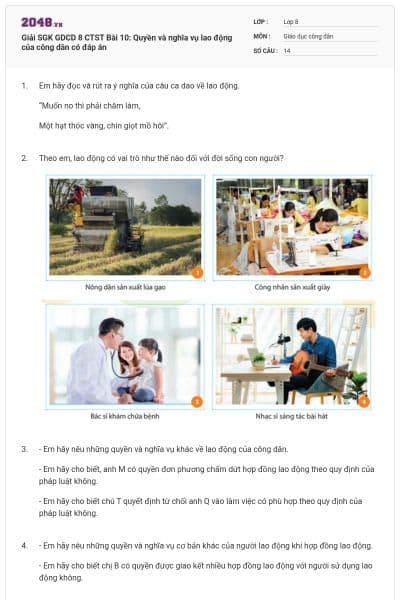 Giải SGK GDCD 8 CTST Bài 10: Quyền và nghĩa vụ lao động của công dân có đáp án