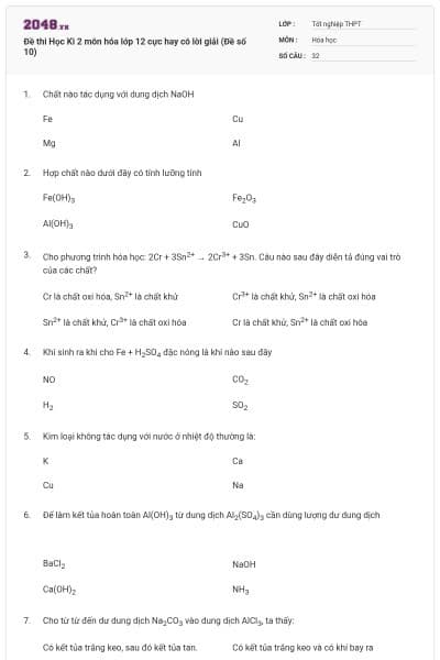 Đề thi Học Kì 2 môn hóa lớp 12 cực hay có lời giải (Đề số 10)