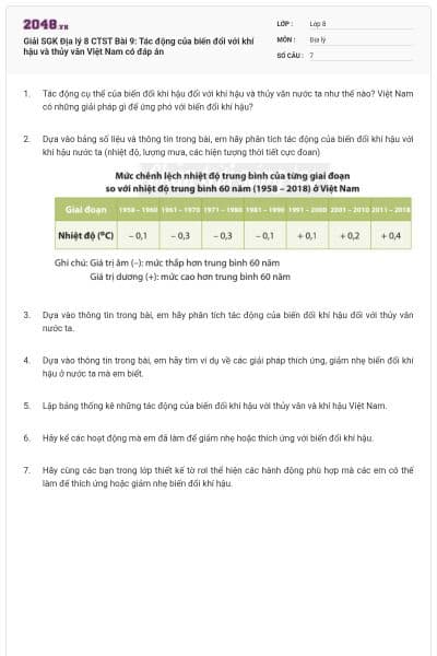 Giải SGK Địa lý 8 CTST Bài 9: Tác động của biến đổi với khí hậu và thủy văn Việt Nam có đáp án