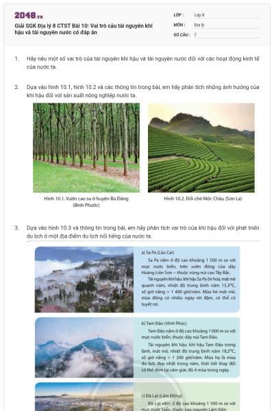 Giải SGK Địa lý 8 CTST Bài 10: Vai trò cảu tài nguyên khí hậu và tài nguyên nước có đáp án