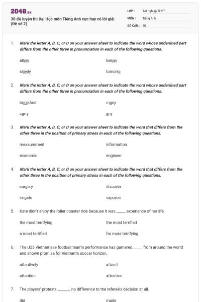 30 đề luyện thi Đại Học môn Tiếng Anh cực hay có lời giải (Đề số 2)