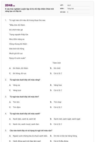 8 câu trắc nghiệm Luyện tập về từ chỉ đặc điểm Chân trời sáng tạo có đáp án