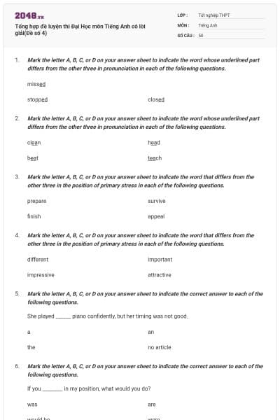 Tổng hợp đề luyện thi Đại Học môn Tiếng Anh có lời giải(Đề số 4)