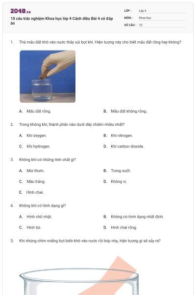 10 câu trắc nghiệm Khoa học lớp 4 Cánh diều Bài 4 có đáp án
