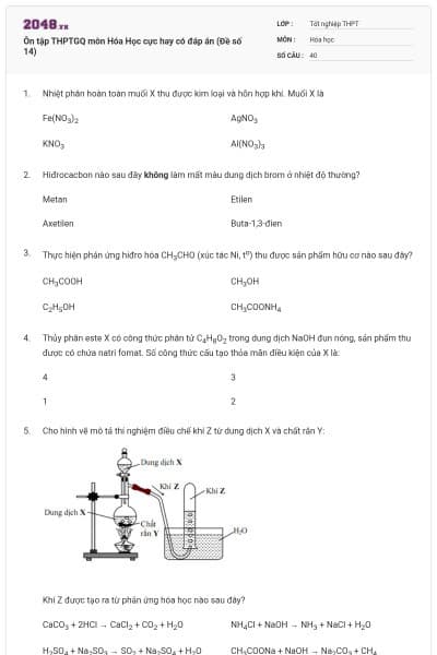 Ôn tập THPTGQ môn Hóa Học cực hay có đáp án (Đề số 14)