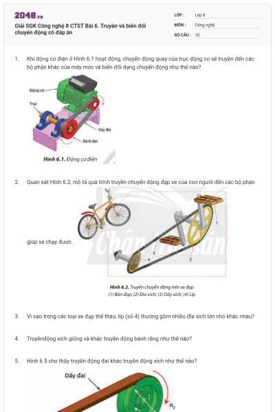 Giải SGK Công nghệ 8 CTST Bài 6. Truyền và biến đổi chuyển động có đáp án