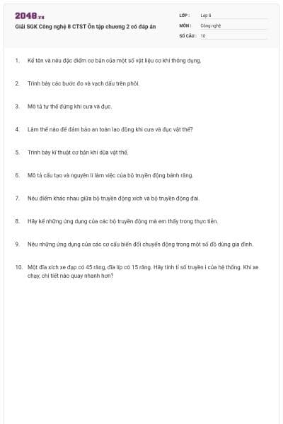 Giải SGK Công nghệ 8 CTST Ôn tập chương 2 có đáp án