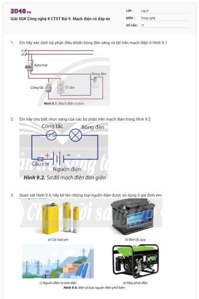 Giải SGK Công nghệ 8 CTST Bài 9. Mạch điện có đáp án