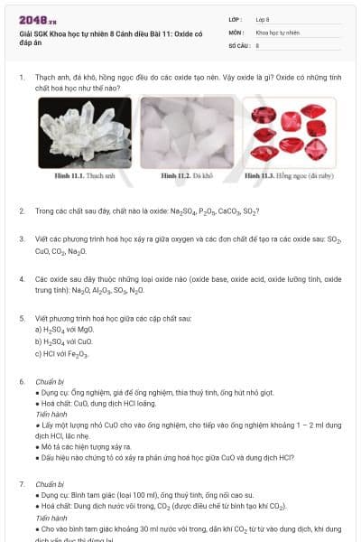 Giải SGK Khoa học tự nhiên 8 Cánh diều Bài 11: Oxide có đáp án