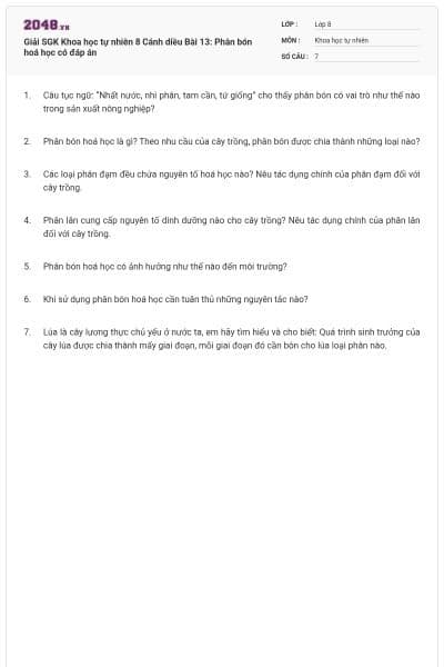 Giải SGK Khoa học tự nhiên 8 Cánh diều Bài 13: Phân bón hoá học có đáp án