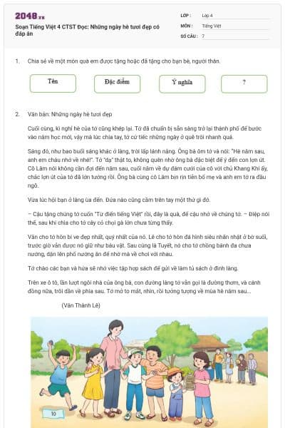 Soạn Tiếng Việt 4 CTST Đọc: Những ngày hè tươi đẹp có đáp án