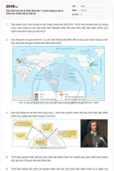 Giải SGK Lịch Sử 8 Cánh diều Bài 1: Cách mạng tư sản ở Châu Âu và Bắc Mĩ có đáp án
