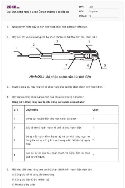 Giải SGK Công nghệ 8 CTST Ôn tập chương 3 có đáp án