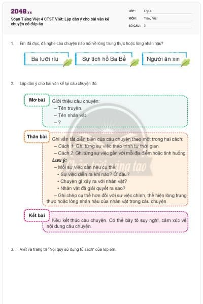 Soạn Tiếng Việt 4 CTST Viết: Lập dàn ý cho bài văn kể chuyện có đáp án