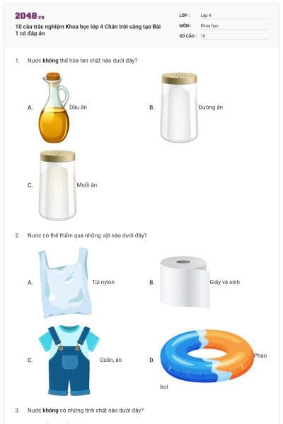 10 câu trắc nghiệm Khoa học lớp 4 Chân trời sáng tạo Bài 1 có đáp án