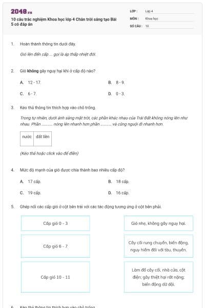 10 câu trắc nghiệm Khoa học lớp 4 Chân trời sáng tạo Bài 5 có đáp án