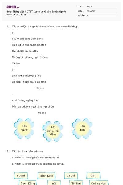 Soạn Tiếng Việt 4 CTST Luyện từ và câu: Luyện tập về danh từ có đáp án