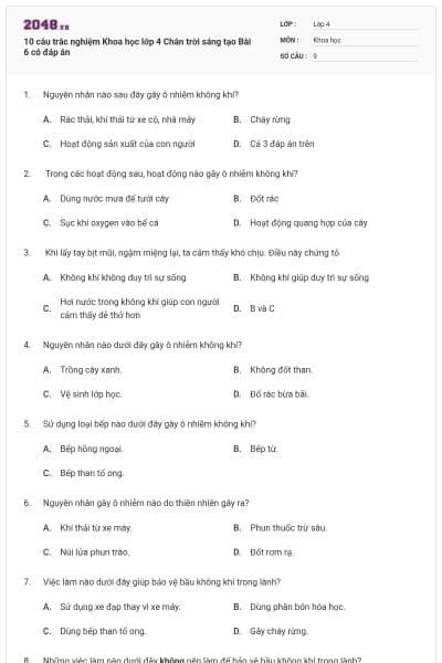 10 câu trắc nghiệm Khoa học lớp 4 Chân trời sáng tạo Bài 6 có đáp án