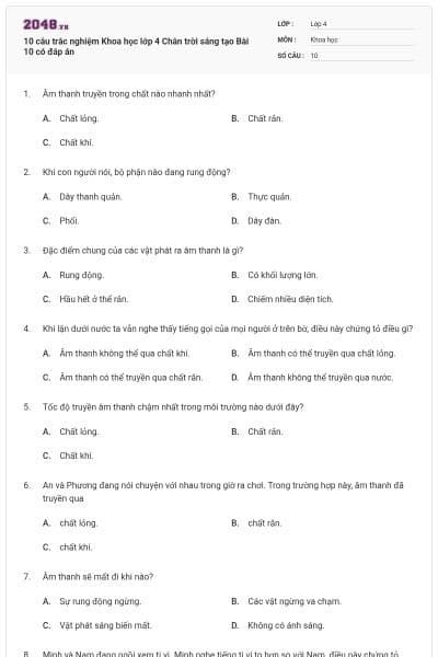 10 câu trắc nghiệm Khoa học lớp 4 Chân trời sáng tạo Bài 10 có đáp án