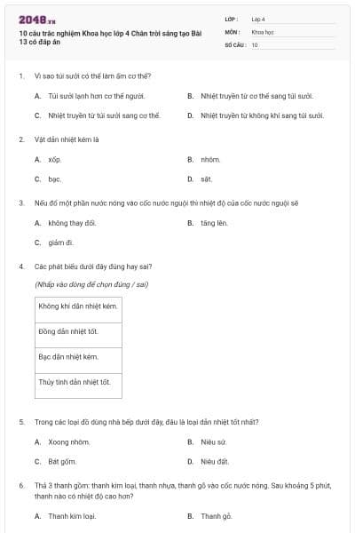 10 câu trắc nghiệm Khoa học lớp 4 Chân trời sáng tạo Bài 13 có đáp án