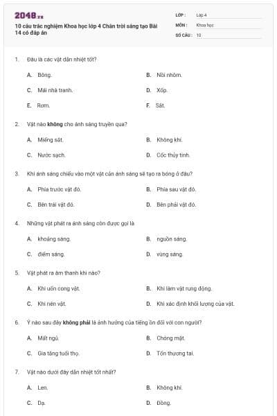 10 câu trắc nghiệm Khoa học lớp 4 Chân trời sáng tạo Bài 14 có đáp án
