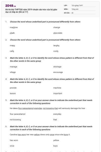 Đề thi thử THPTQG năm 2019 chuẩn cấu trúc của bộ giáo dục có đáp án (Đề số 17)