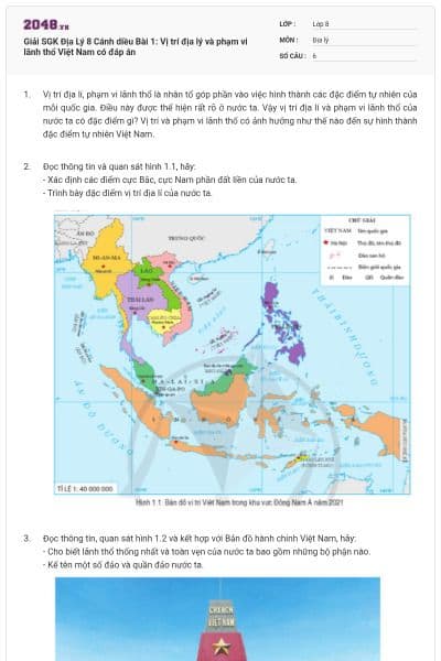 Giải SGK Địa Lý 8 Cánh diều Bài 1: Vị trí địa lý và phạm vi lãnh thổ Việt Nam có đáp án