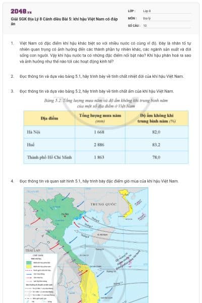 Giải SGK Địa Lý 8 Cánh diều Bài 5: khí hậu Việt Nam có đáp án