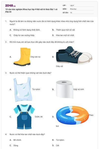 10 câu trắc nghiệm Khoa học lớp 4 Kết nối tri thức Bài 1 có đáp án
